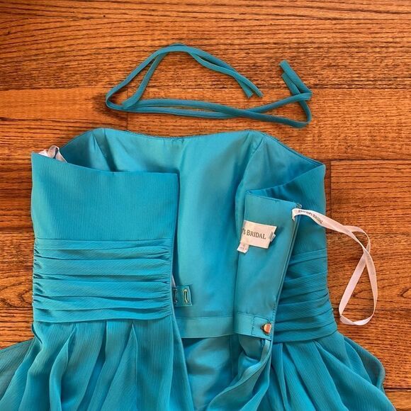 David’s Bridal Turquoise Strapless Pleated Waistband Shark Hem Party Dress Sz 10 - Picture 10 of 16